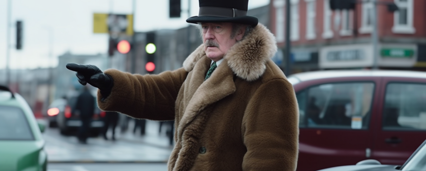 an old timey Northern Ireland cop attempts to direct traffic with his finger.