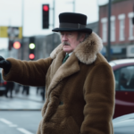 an old timey Northern Ireland cop attempts to direct traffic with his finger.