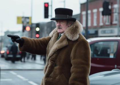 an old timey Northern Ireland cop attempts to direct traffic with his finger.