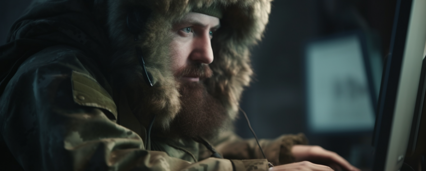 a Russian soldier sits at his post, performing hacking